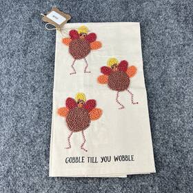 Mud Pie 198981000123 Gobble Til You Wobble Beaded Turkey Hand Towel New Thanksgiving