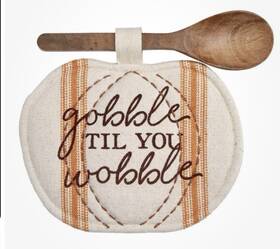 41170005g Mud Pie Pumpkin Pot Holder Spoon Gift Set - Gobble To You Wobble Thanksgiving