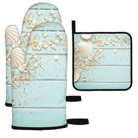 Mxocom 774144699931 Seashells Frame On Wooden Background Oven Mitts And Pot Holders Sets Of 3 Bbq