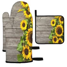 Mx-ovenmittabc17 Mxocom 774144700033 Sunflower Oven Mitts And Pot Holders Sets Of 3 Sunflowers On The Wooden Board Bb