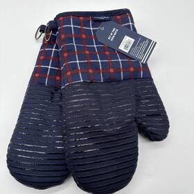 Nautica 646760609567 Home Red Blue Plaid Cotton And Silicone Grip Oven Mitts Set 2