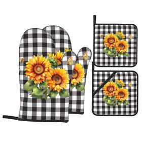 Nv05-1 Neonvane 4 Pieces Buffalo Plaid Sunflower Oven Mitts And Pot Holder Set Black Whit