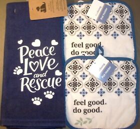 New 4 Pc Set 2 Blue Peace Love Rescue Towels Feel Good Do Potholders