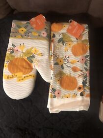 Hv67-040-210-38 New Kitchen Set Oven Mitt And Towel Hello Autumn Pumpkin Fall Grey Chevron
