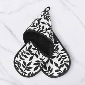 No. 918 029927632279 Marrin Quilted Botanical Leaf Print Double Oven Mitt Black And White