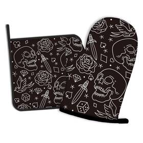 Oeaskly 715917629458 Skull Head With Rose Oven Mitts And Pot Holders Kitchen Cooking Gloves 2 Pcs