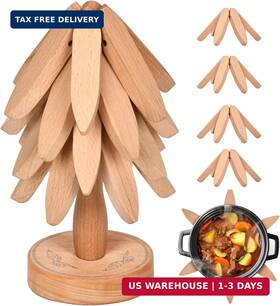 Okomer 663376554517 Wooden Trivets For Hot Dishes - 4 1 Pcs Tree Shape Set Foldable Pot Holders