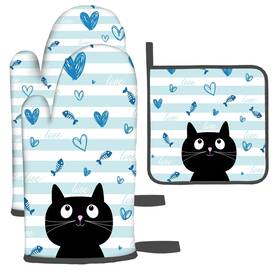Oralby 752574791739 Cat Oven Mitts And Pot Holder Heat Resistant Gloves Hot Pads For Kitchen Coo