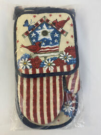 000g1n Oven Mitts Pot Holders Americana Birdhouse Extra Long Red White Blue Bird