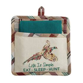 Park Designs 762242035126 Gamekeeper Pocket Pot Holder Dishtowel Set Khaki Brown Teal Hunting Duck
