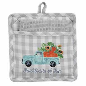 9584-152 Park Designs Truckloads Of Fun Pot Holder Dishtowel Set Gray White Check Sunflowers Gift