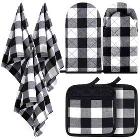 Patelai-2942766 Patelai 7 Pieces Buffalo Check Dish Towels Pot Holders Piece Set Black With White