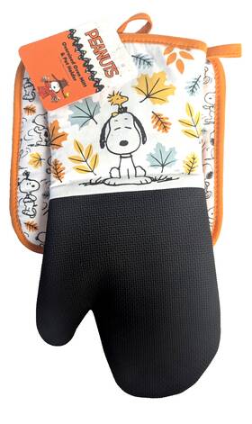 Aa-3bl Peanuts Snoopy And Woodstock Oven Mitt Potholder Set Fall Leaves Orange Gift New