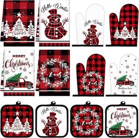 Pickmesh-fdgd2978415345 Pickmesh 12 Pcs Christmas Winter Red And Black Check Kitchen Towels Oven Mitts Set 4