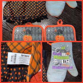 000apron1122 Pier 1 Halloween House Kitchen Pot Holders And Oven Mitt Womens Apron Used