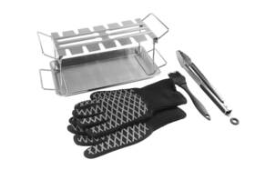 932f Pitmaster King 850008244292 6pc Stainless Steel Chicken Hanger Rack Grilling Set With Heat Resistant Glove