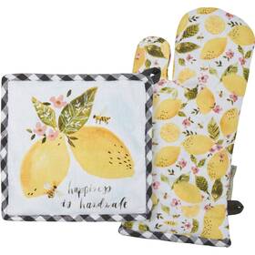 115175 Primitives By Kathy Oven Mitt And Potholder Set - Happiness Is Handmade Lemons Bumblebee Design