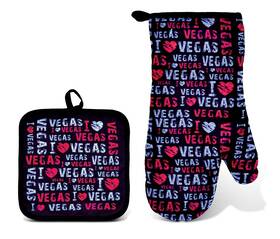 9065 Puzzled Pot Holder And Oven Mitt Set I Love Vegas Kitchen Black Pink White