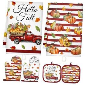 Hou-qinyoung-116 Qinyoung 6 Pcs Hello Fall Kitchen Towels And Oven Mitt Sets Pot Holders Pumpkin