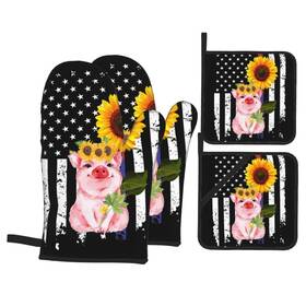 Qwuzxif 857351274978 American Flag Pig And Sunflower Oven Mitts Pot Holders Set Of 4 Washable Hea