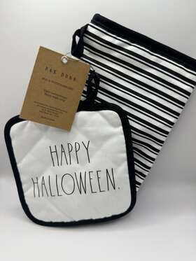 Rae Dunn 192598502209 Happy Halloween Mit And Pot Holder Set Kitchen Black White Nwt