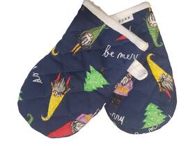 Rae Dunn 192598677433 Christmas Set 2 Kitchen Oven Mini Mitts Blue With Gnomes And Trees Nwt