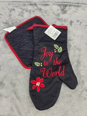 Rdxmms02 Rae Dunn Hobby Lobby Red And Black Christmas Oven Mitt Pot Holder Set Joy To The World
