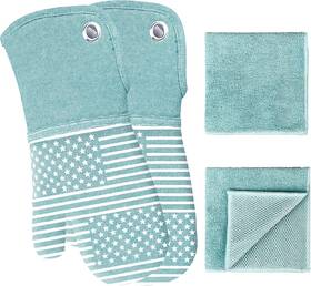 Red Lmldeta 744110318050 Yarn-dyed Oven Mitts Silicone Printing And Kitchen Towels 4 Pcs Set Heat Resist