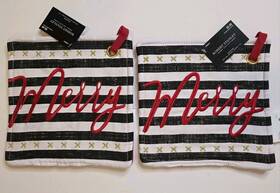 6258610 Robert Stanley Christmas Merry Kitchen Potholders Set Of 2 Striped Embroidered Holiday Nwt
