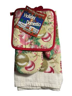 99950 Royal Crest Vintage Christmas Kitchen Towel Mitt Potholder 3pc Set Pink Gold Shiny Ornaments