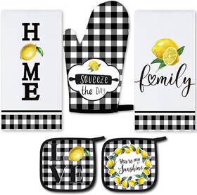 Hun-rtteri-1033 Rtteri 5 Pieces Buffalo Plaid Kitchen Towels Oven Mitts And Black White