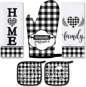 Hun-rtteri-110 Rtteri 5 Pieces Buffalo Plaid Kitchen Towels Oven Mitts And Black White