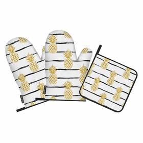 Samgula 772168726244 Golden Pineapple Oven Mitts And Pot Holders Sets Bright Fruit Stripes Heat Resis