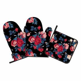 Samgula 772168726336 Red Rose Oven Mitts And Pot Holders Set Vintage Floral Heat-resistant 3 Pcs