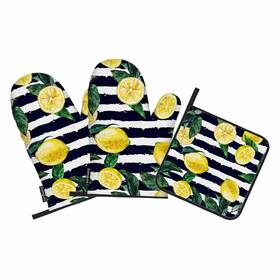 Samgula-ovenmittsa186 Samgula 772168727418 Lemon Oven Mitts And Pot Holders Set Black White Stripe Heat Resistant 3 Pcs