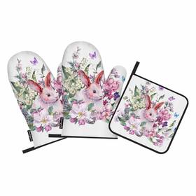 Samgula-ovenmittsa220 Samgula 772168727944 Pink Easter Oven Mitts And Pot Holders Sets Bunny Peach Flower Butterfly Heat