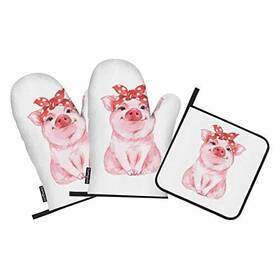Samgula 772168728033 Pink Pig Oven Mitts And Pot Holders Sets Cute Animal Cub With Turban Heat Resist