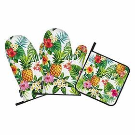 Samgula 772168728163 Tropical Pineapple Oven Mitts And Pot Holders Sets Palm Tree Flower Fruit Heat R