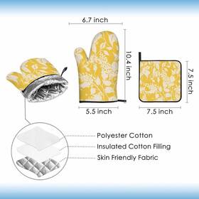 Samgula 772168728286 Yellow Floral Oven Mitts And Pot Holders Set Vintage Lilac Heat-resistant 3 Pcs