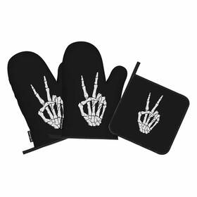 Samgula 772168728378 Hand Skeleton Oven Mitts And Pot Holders Sets Victory Gesture Peace Sign