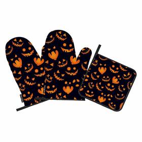 Samgula 772168728439 Halloween Oven Mitts And Pot Holders Sets Funny Pumpkin Spooky Smile Heat Res