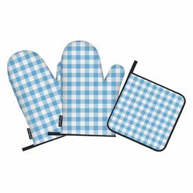 Samgula 772168728514 Light Blue Oven Mitts And Pot Holders Set Grid Stripe Heat-resistant 3 Pcs