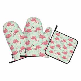 Samgula 772168728521 Pink Flamingo Oven Mitts And Pot Holders Sets Palm Leaves Tropical Animal Hea