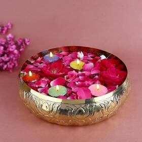 Glh3055 Satvik Store Decorative 9.5 Inch Floral Pattern Embossed Brass Urli For Gold