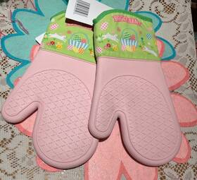 Seasonal 195464609507 Set Of 2 Pink Easter Oven Mitts Inch Eggcellent
