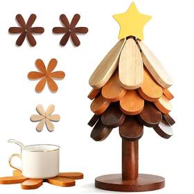 Shangpinfeili 761086747479 Wooden Christmas Tree Trivet Set - 5 Trivets 1 Stand Foldable Heat-resista