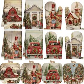 Silifine 313092521569 12 Pcs Christmas Kitchen Towels Pot Holders And Oven Mitts Set 4 Nutcracker Dish