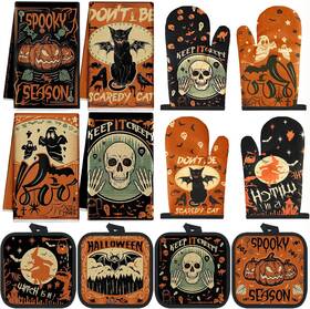 Silifine-vd8kgk-sf7c Silifine 12 Pcs Halloween Kitchen Towels Pot Holders And Oven Mitts Set 4 Ghost Dish Towe