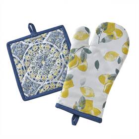 Skl Home 036326609818 Lemon Medallion Oven Mit And Pot Holder Set 2-piece Green
