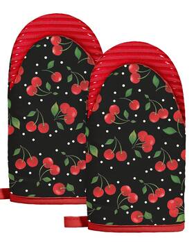 Grst0928-03 Slohif Cherry Mini Oven Mitts Set Red Extended Short Heat Resistant Kitchen Gloves